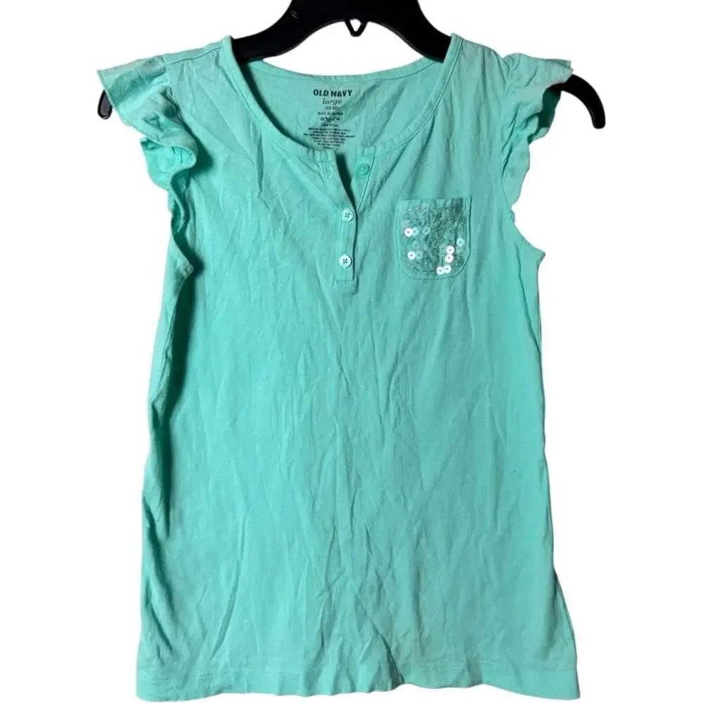 Old Navy Kids Aqua Sequin Pocket  Short Ruffle Sleeve With button Detail Sz L